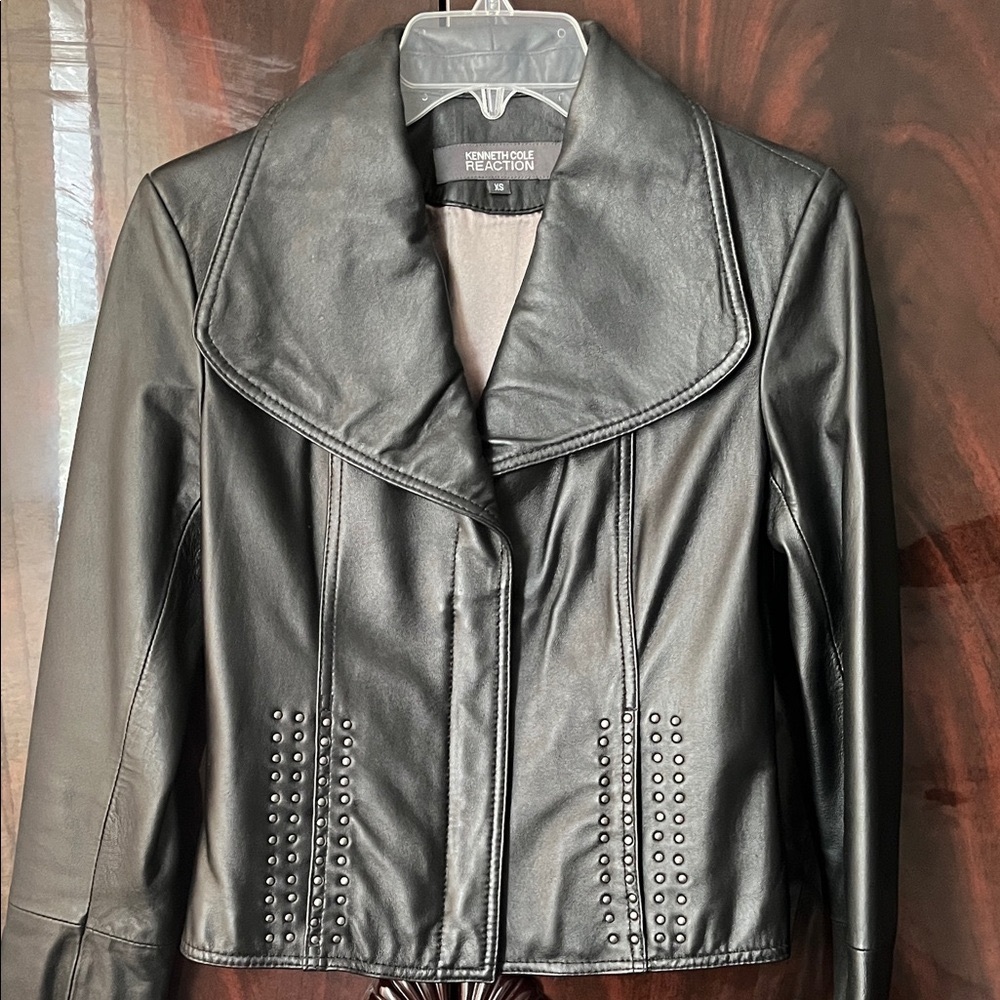Kenneth Cole Reaction Black Leather Jacket with Metal Stud Accents